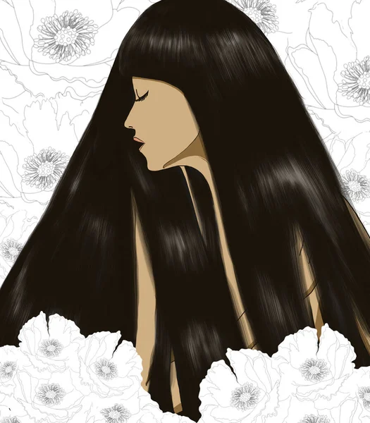 Характер Дівчинки Стилі Гіпстер Довгим Волоссям Весняному Фоні Квітки Портрай — стокове фото