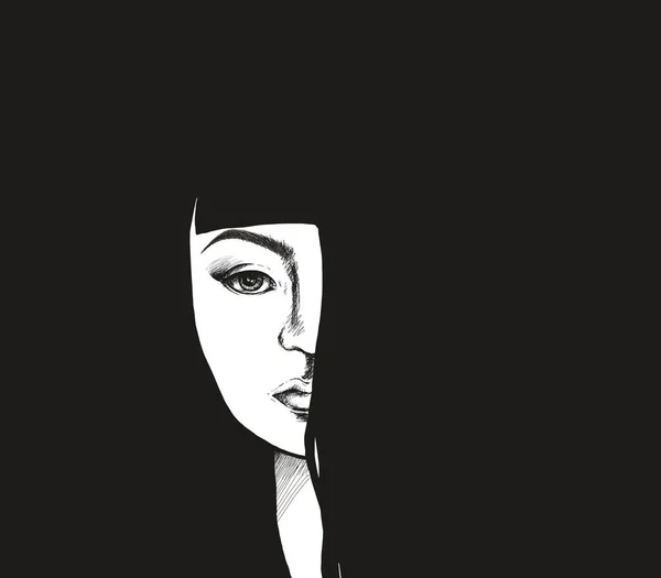 Дівчина Гіпстерського Стилю Довгим Волоссям Чорно Білому Малюнку Молода Красива — стокове фото