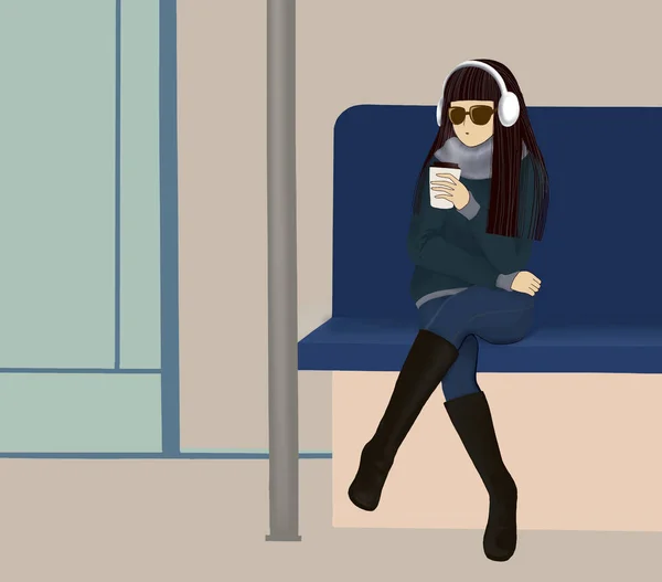 Ilustración Chica Joven Sentada Tren Pintura Digital Hipster Estilo Chica — Foto de Stock