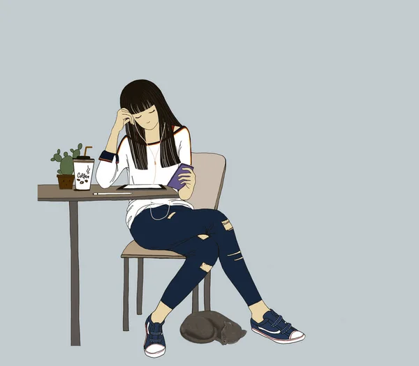 Illustrazione Giovane Ragazza Bere Caffè Ascoltare Musica Dal Telefono Cellulare — Foto Stock