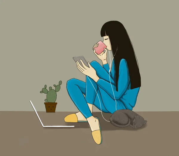 Ilustración Chica Joven Sentada Suelo Con Gato Pintura Digital Hipster — Foto de Stock