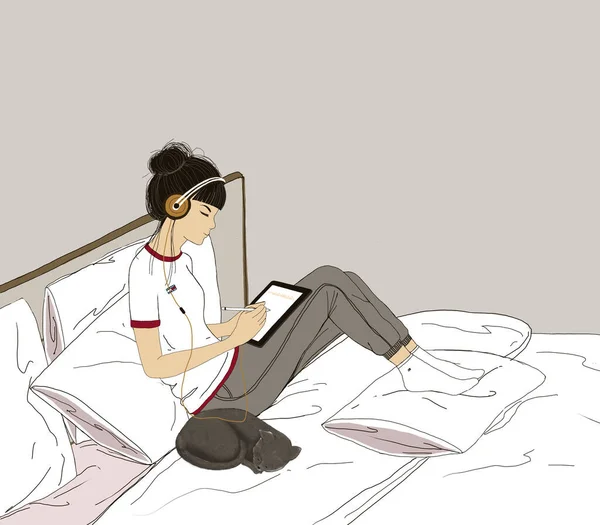 Ілюстрація Молода Дівчина Сидить Ліжку Кішкою Цифрова Фарба Хіпстерський Стиль — стокове фото