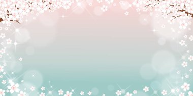 Vector yaz doğa arka planı mavi pastel arka planda şirin küçük sakura, kiraz çiçeği kenarlı bahar arkaplanı ve bulanık bokeh ışık efesi.