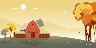 Sonbaharda kırsal bölgelerin fantezi manzaraları. Sonbaharın ortasında, göl kenarında güneş ve mavi gökyüzü olan bir çiftlik evi. Harikalar Diyarı, sonbahar mevsiminde turuncu yapraklarla kaplı..