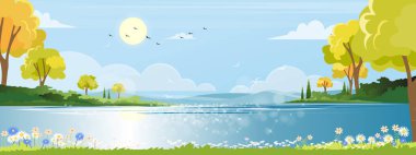 Bahar köyünün panoramik manzarası, güzel manzaralı gölü ve mavi gökyüzü dağları, Vector Spring manzarası, yazın Panorma kırsal alanı, güneşten gelen parlak ışık ve sudan yansıyan yansıma, Vektör ilüstrasyon doğa çizgi filmi