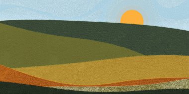 Çimen çim alan dokusuyla doğal yeşil manzara, tepelerde çayır, güneşli bir günde mavi gökyüzünün parlak renginde güzel panoramik kırsal doğanın vektör çizimi, bahar ve yaz arkaplanı için düz sanat karikatürü tarzı