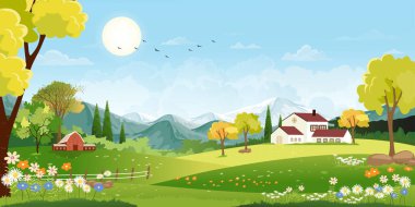 Tepeler ve mavi gökyüzü üzerinde yeşil çayır, Vector Summer veya Spring manzarası, çiftlik evi, ahır ve çim çiçekleriyle yeşil tarlaların panoramik kırsal manzarası 