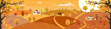 Vektör çizgi film Autumn peyzajı, çiftlik arazisi, ev, ahır, akçaağaçlardan düşen yapraklar, orangeky ve bulutlar, sonbahar mevsiminde panoramik kırsal alan