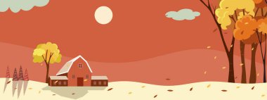 Sonbaharda kırsal bölgelerin fantezi manzaraları, sonbaharın ortasında güneş ve mavi gökyüzü olan çiftlik evleri. Harikalar Diyarı, sonbahar mevsiminde turuncu yapraklarla kaplı..