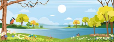 Bahar köyünün panorama 'sı Kingfisher kuşunun dalların üzerinde durduğu nehir kenarındaki kır çiçekleri, Vector Yazı veya Bahar manzarası, Panoramik kırsal çim alanı 
