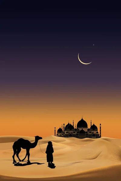 Araber Mit Kamelkarawanen Die Wüstensand Reiten Karawane Muslim Reiten Kamel — Stockvektor