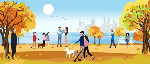 Vector landscape of Autumn park by the sea with happy family having fun, boy walking the dog, women sitting on bench reading a book, City lifestyle or outdoor activity of people in fall season