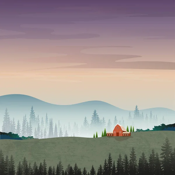 Ilustración Vectorial Paisaje Montañoso Con Siluetas Pinos Brumosos Bosque Con — Vector de stock