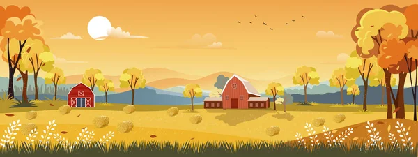 Vector Jesień Panorama Krajobraz Pole Farmy Pomarańczowym Niebem Piękny Zachód — Wektor stockowy