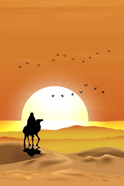 Векторная Иллюстрация Арабский Человек Верблюдом Ходить Песках Пустыни Закатом Вечернее — стоковый вектор