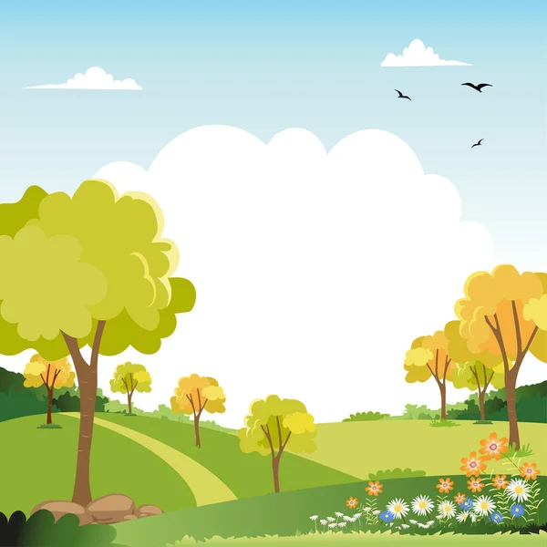 Spring Landscape Blue Sky Clouds Panorama Green Fields Copy Space — Stock Vector