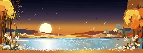 Fantasy panorama landscapes of Countryside in autumn,Panoramic of mid autumn with lake in forest and moon at night. Wonderland landscape on fall season in orange foliage.Vector illustration nature