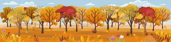Panoramic of Autumn Countryside landscape in England, Vector illustration of horizontal banner of autumn landscape trees forest with flowers in red, orange and yellow foliage. Coulorfull Fall season