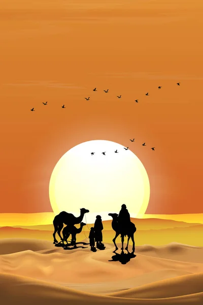 Векторная Иллюстрация Арабская Семья Верблюдом Ходить Песках Пустыни Закатом Вечером — стоковый вектор