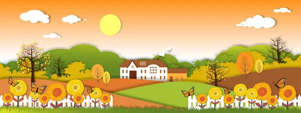 Paper art panorama Autumn landscape of grass fileds with farm house, tree on orang sky background, illustration cartoon of beautiful natural landscape of sunflowers field and butterfly in fall season.