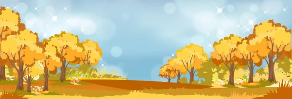 Panoramic of Autumn Countryside landscape in England, Vector illustration of horizontal banner of autumn landscape trees forest with flowers in red, orange and yellow foliage. Coulorfull Fall season