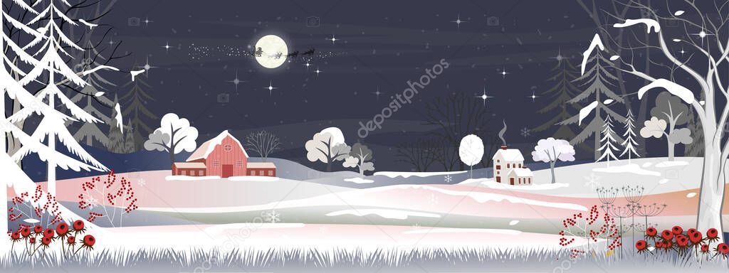 Panoramic of winter landscape,Vector of horizontal banner of winter wonderland at countryside with snowing house,moutain,forest tree at night, Merry Christmas and new year background