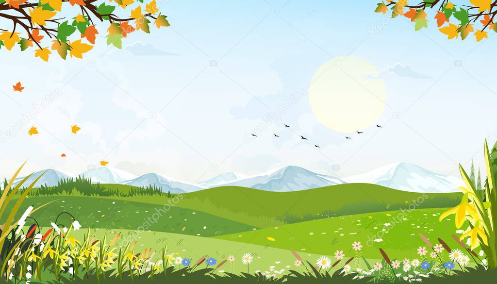 Cartoon vector Spring landscape with mountain,