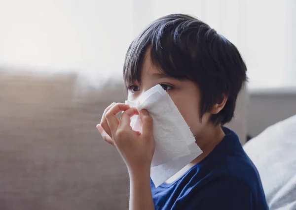 Unhealthy kid with dry skin blowing nose into tissue, Child suffering from running nose or sneezing, A boy catches a cold when season change, childhood wiping nose with tissue