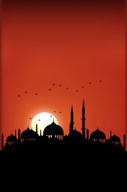Dikey Ramazan Kareem pankartı ya da gün batımlı bir caminin silueti, minimalist Ramazan ayı, tatil sezonu için bina tapınağıyla akşam alacakaranlığı 
