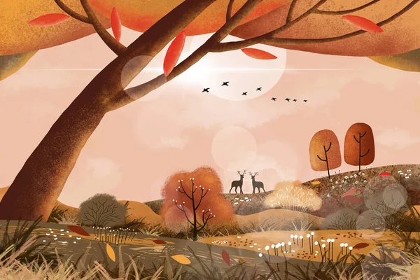 ファンタジー秋の風景のデジタル絵画妖精物語 秋のイラストの不思議の国の自然 丘の上に立っているカップルのトナカイと中秋の名月の美しい野生の生活 — ストック写真