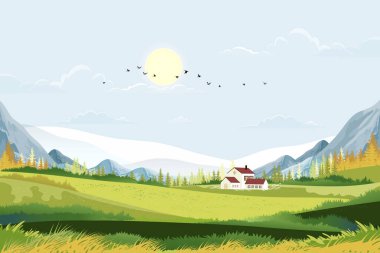 Spring landscape in Sunny day village with meadow on hills with blue sky, Panoramic countryside of green field with farmhouse, mountains and grass flowers,Vector Summer or Spring nature background clipart