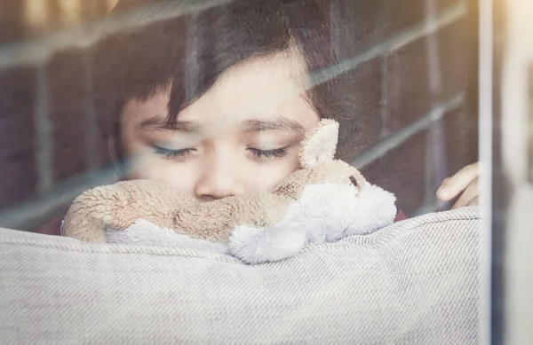 Candid Shot View Window Adorable Kid Closing Eyes Put Head Stock Photo