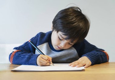 Portrait of school kid boy siting on table doing homework, Happy Child holding pencil writing, A boy drawing on white paper at the table,Elementary school and homeschooling concept clipart