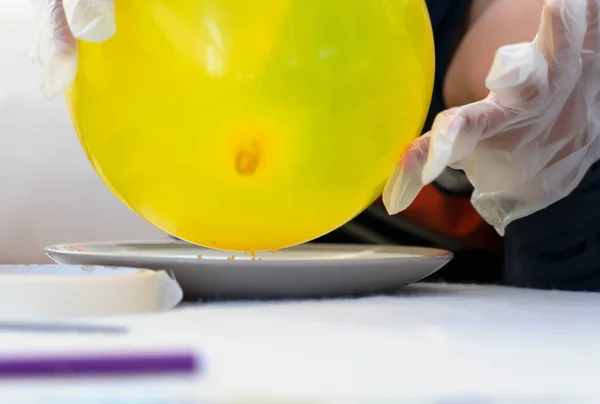 切碎的射精手拿着气球在干胶晶体盘上方 学校小朋友做科学项目 用明胶和静电荷气球做实验 科学实验概念 — 图库照片