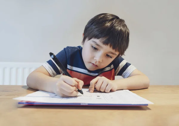 Kid Self Isolation Doing His Mathematics Homework While School Child — стоковое фото