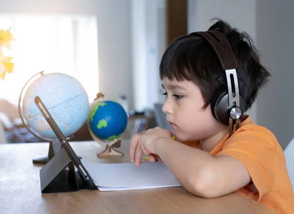 Kid Self Isolation Using Tablet His Homework Child Doing Using — Stock Photo, Image