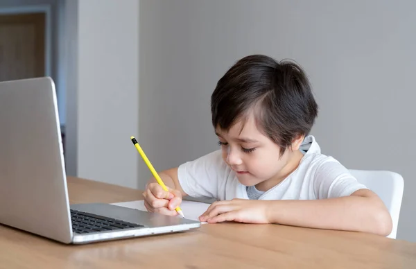 Home School Kid Self Isolation Using Laptop His Homework Child — Stock fotografie