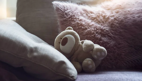 Drámai Fotó Teddy Maciról Ahogy Kanapén Fekszik Egy Sötét Szobában — Stock Fotó