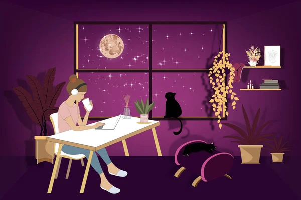 Mujeres Negocios Vectoriales Que Beben Café Trabajando Computadora Portátil Gato — Vector de stock