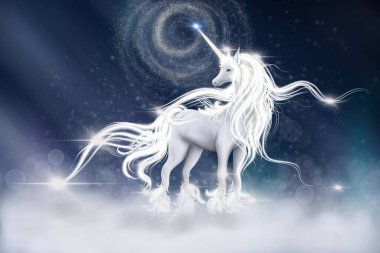  Gökyüzü galaksisinin fantezi arka planına sahip mavi renkli Unicorn 'un çizimi. Yıldırımlı Fantezi At 'ın dijital CG resmi, yatak zamanı masal konsepti.
