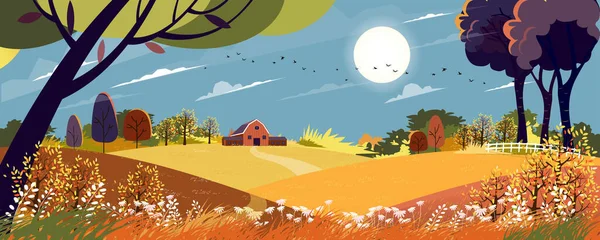 Vector Autumn landscape in countryside with harvest field and framhouse on hills, Rural nature in Fall season at village with orange field on mountains in sunny with blue sky, Mid autumn background