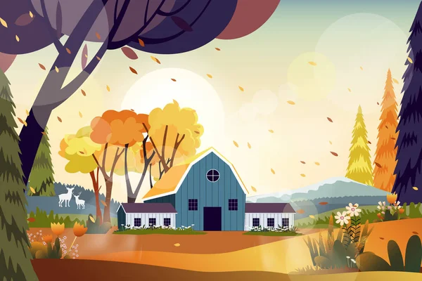 Vector Landscapes Countryside Autumn Panorama Mid Autumn Farmhouse Mountain Wild — стоковый вектор