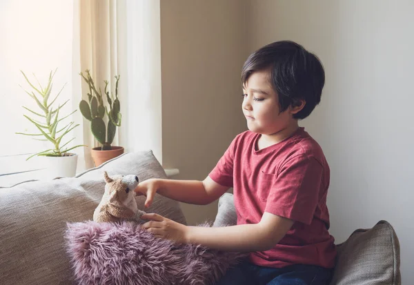 健康な子供の肖像画 ウィンドウの横に犬のおもちゃで遊んで幸せな子供 率直なショットかわいい男の子は居心地の良いロックダウン中に自宅でリラックス 肯定的な子供の概念 社会的距離 — ストック写真