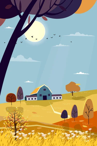 秋の田園風景 農家のある秋のパノラマ 黄色や紫色の葉の木から落ちる山の野生の芝生のフィールドと葉 — ストックベクタ