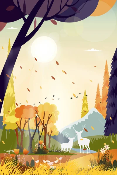 Vector landscapes of Countryside in autumn,Panorama Mid autumn with farmhouse, mountain wild grass field and leaves falling from trees in yellow and purple foliage.Wonderland in fall season background