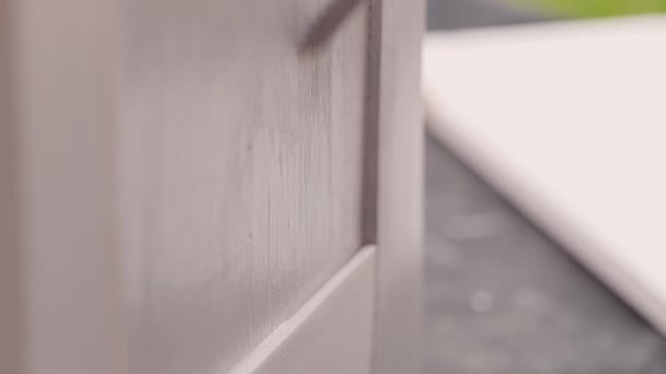 Young Woman Painting Oak Cabinet Grey Chalk Paint Close — Stock Video