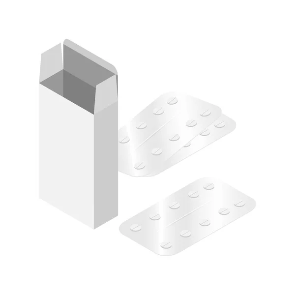 Vector Ilustración del embalaje de la caja blanca en blanco con pastillas en la superficie. Vista isométrica. Plantilla de diseño listo para diseñar . — Vector de stock