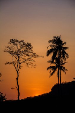 Yogyakarta 'da ağaçlardan, tepelerden ve güzel günbatımlarından oluşan bir siluet.