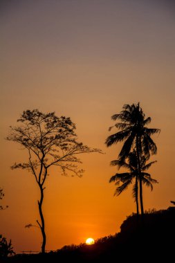 Yogyakarta 'da ağaçlardan, tepelerden ve güzel günbatımlarından oluşan bir siluet.