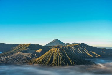 Bromo Dağı, Endonezya 'nın başkenti Doğu Java' da güneşli bir sabahta çekilen bir fotoğrafta yer alan aktif bir volkandır.